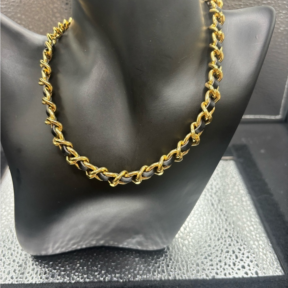 Elegant Gold and Black Leather Chain Necklace